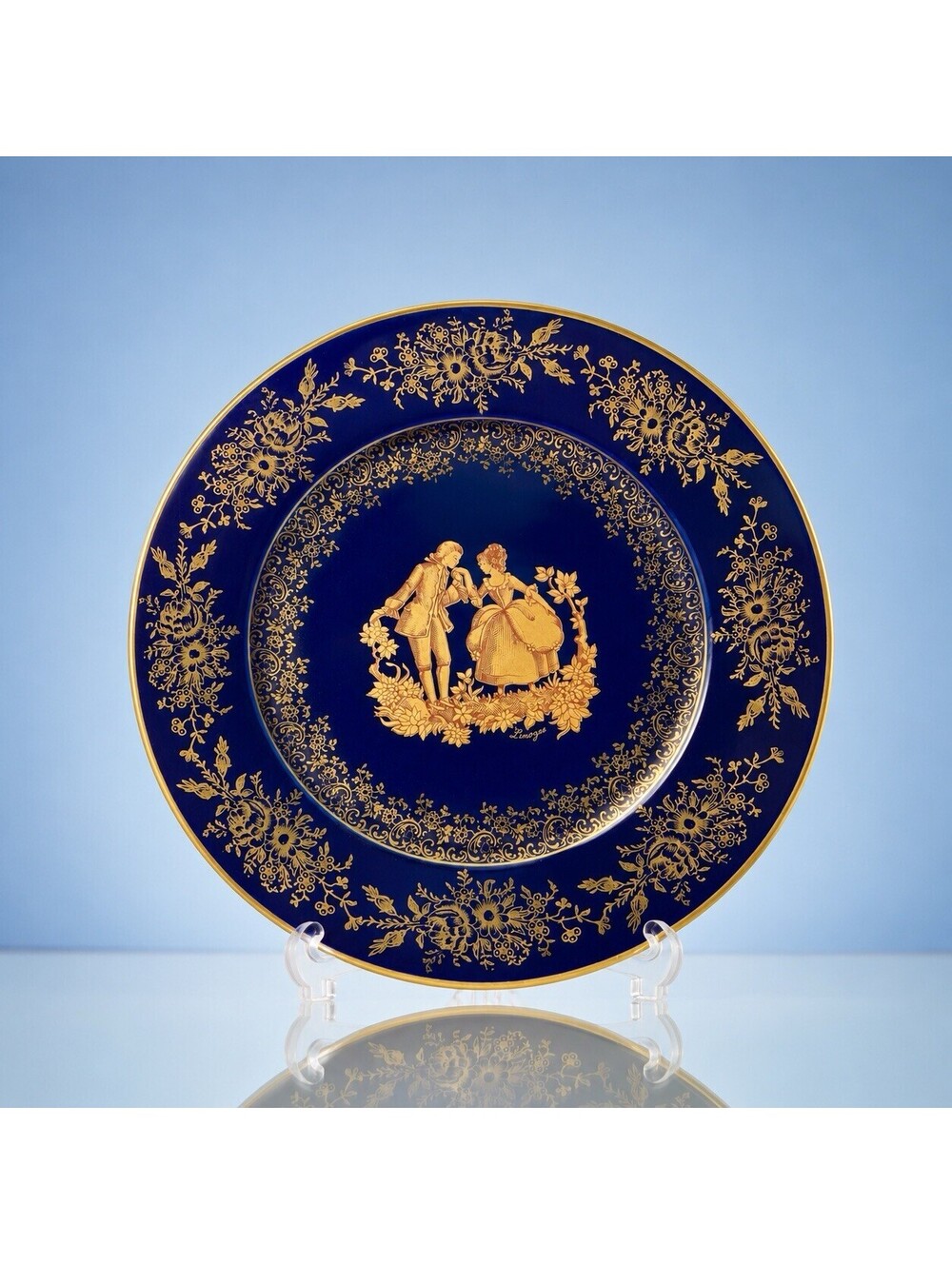Limoges Castel France 1960s Decorative Plate Courting Couple Cobalt Gold, 8.75”